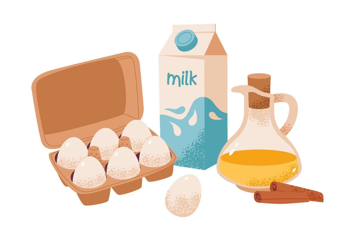 A cozy flat illustration of homemade baking ingredients, eggs, milk, and cinnamon. vector
