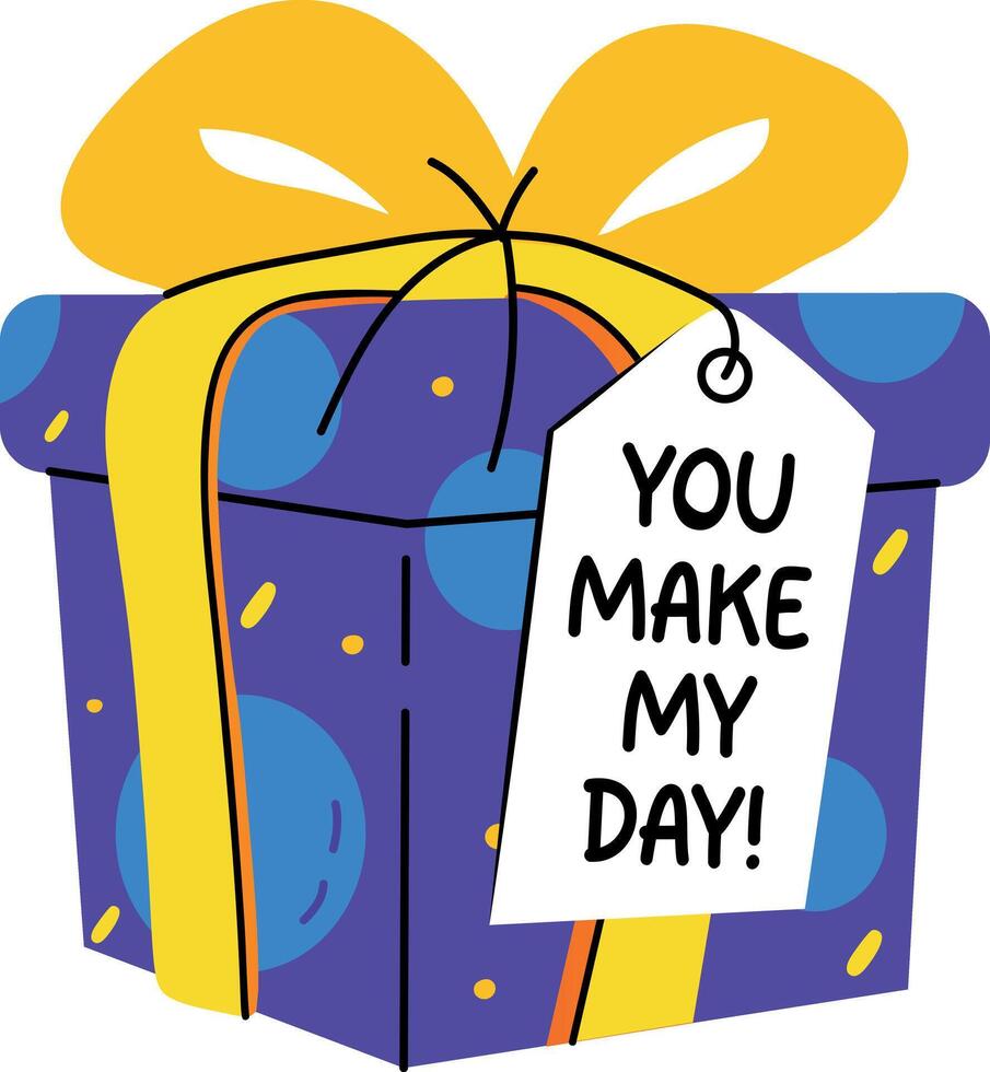 Gift box with you make my day typography, flat style sticker vector