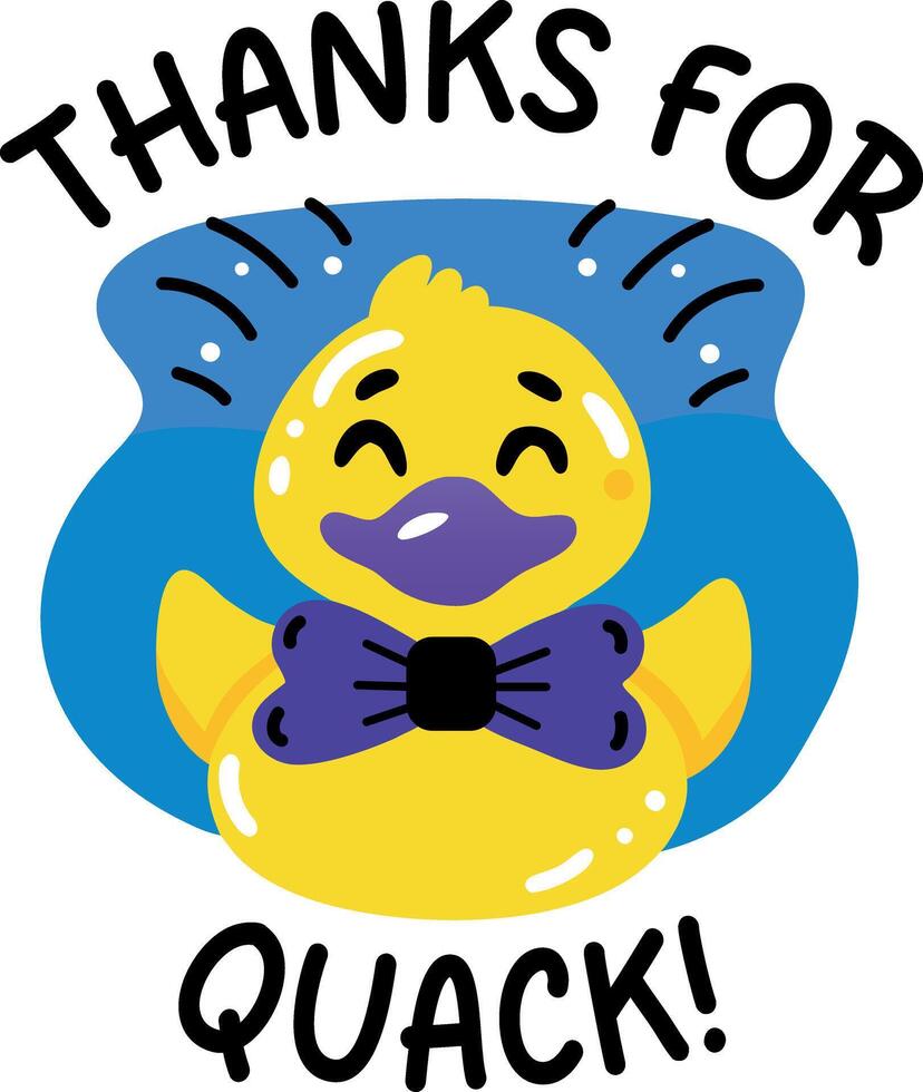 A flat sticker of cute duck with thanks typography vector