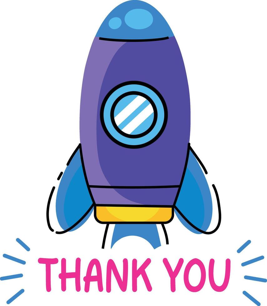 A flat sticker of a rocket with thank you typography vector