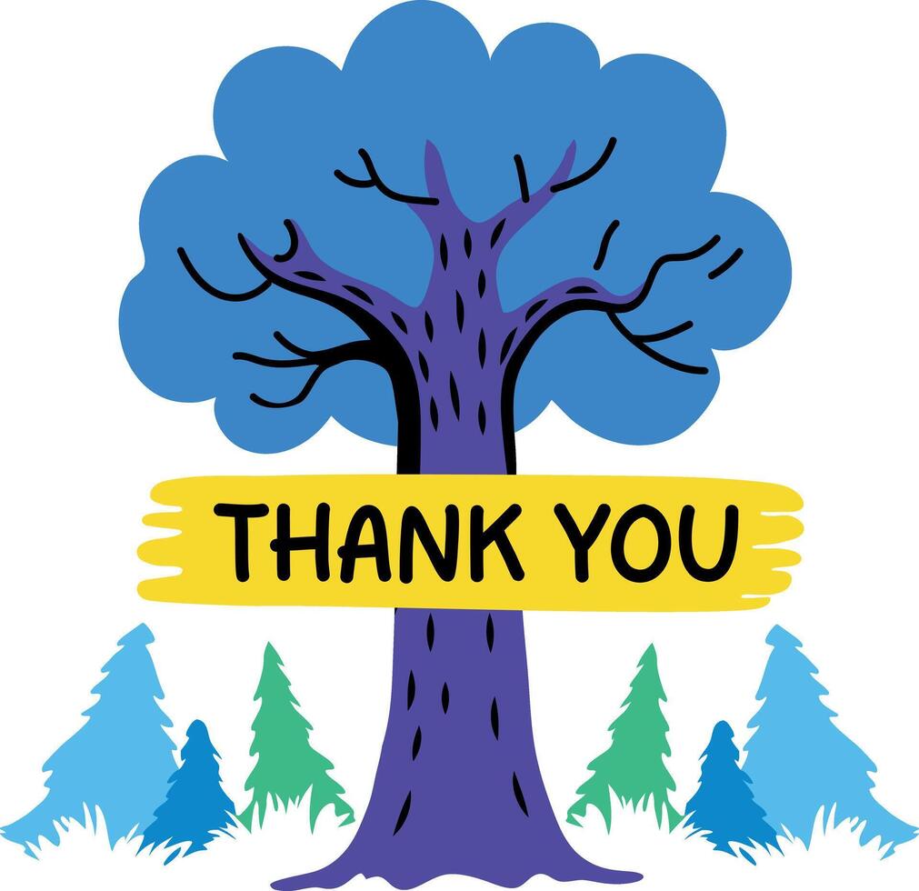 A flat sticker of a tree with thank you typography vector
