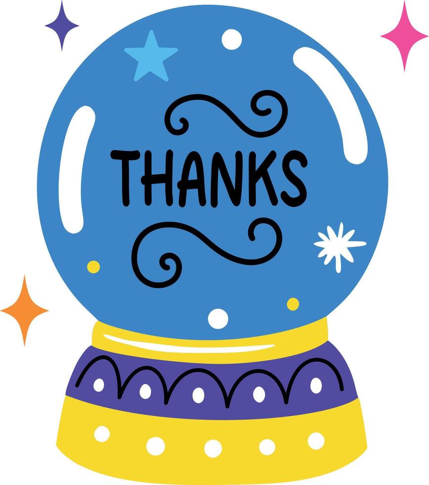 A flat sticker of crystal ball with thanks typography vector
