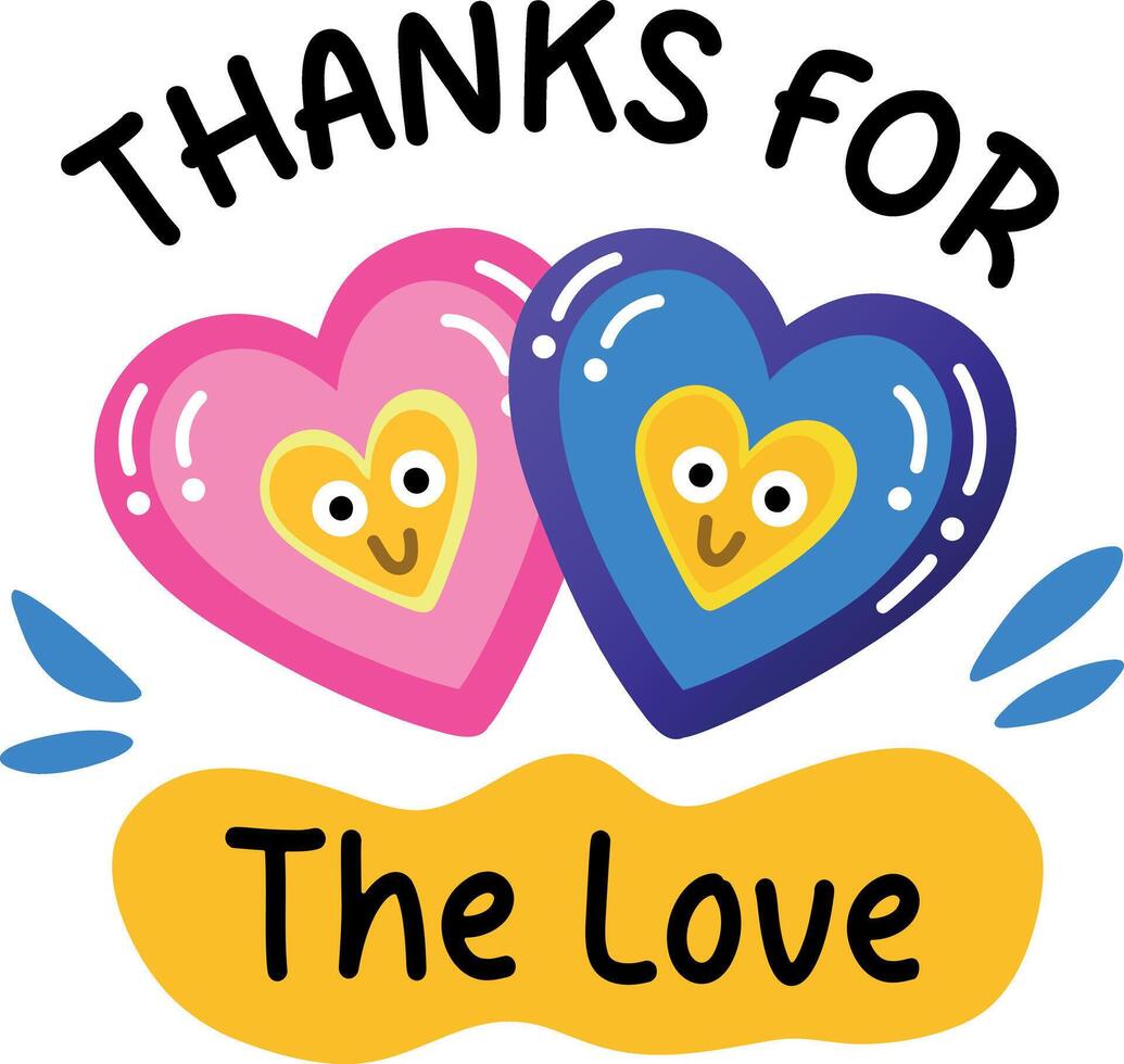 A flat sticker of cute hearts with thanks for the love typography vector
