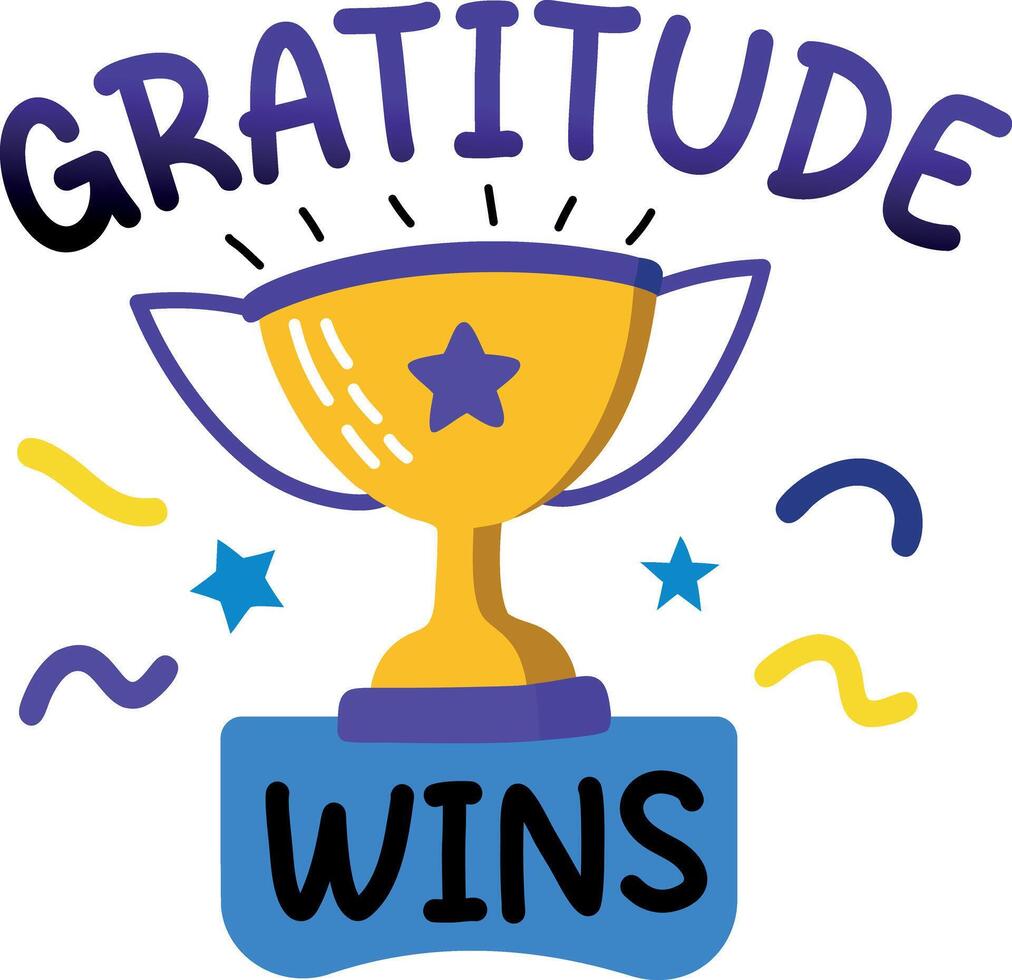 A flat sticker of a trophy with gratitude wins typography vector