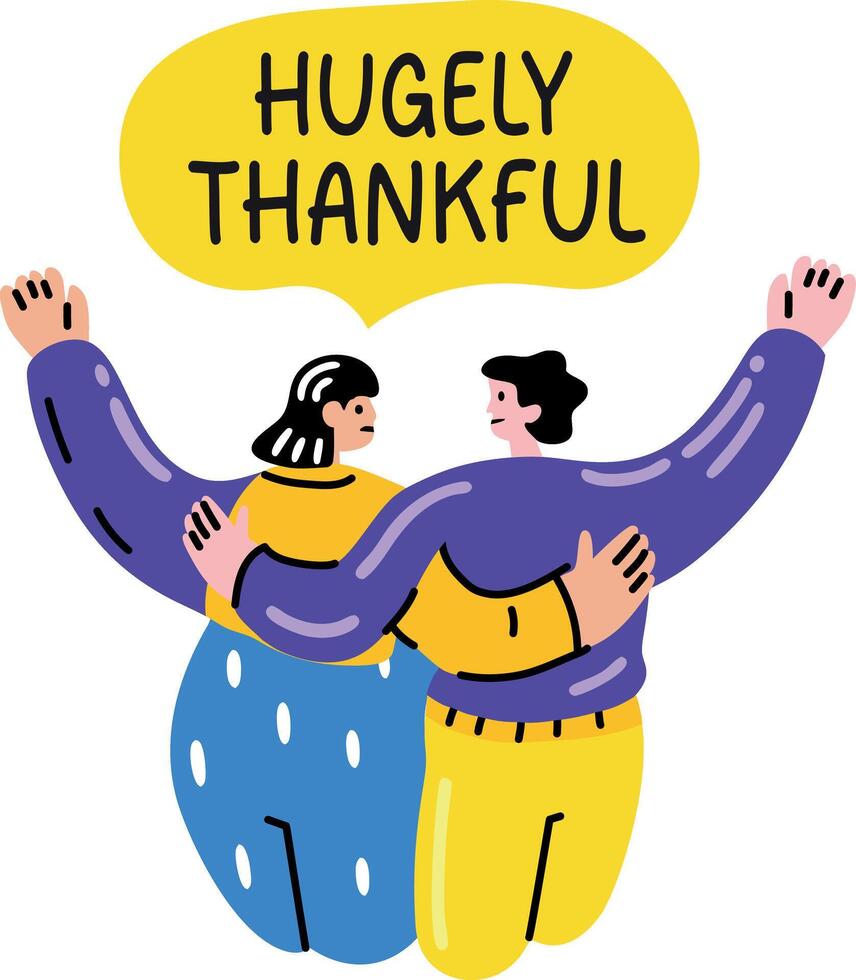 A flat sticker of two character with hugely thankful typography vector