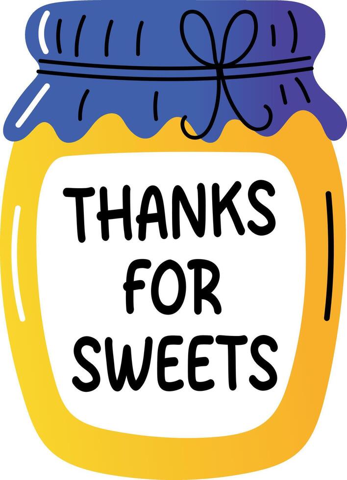 A flat sticker of honey jar with thanks for sweets typography vector