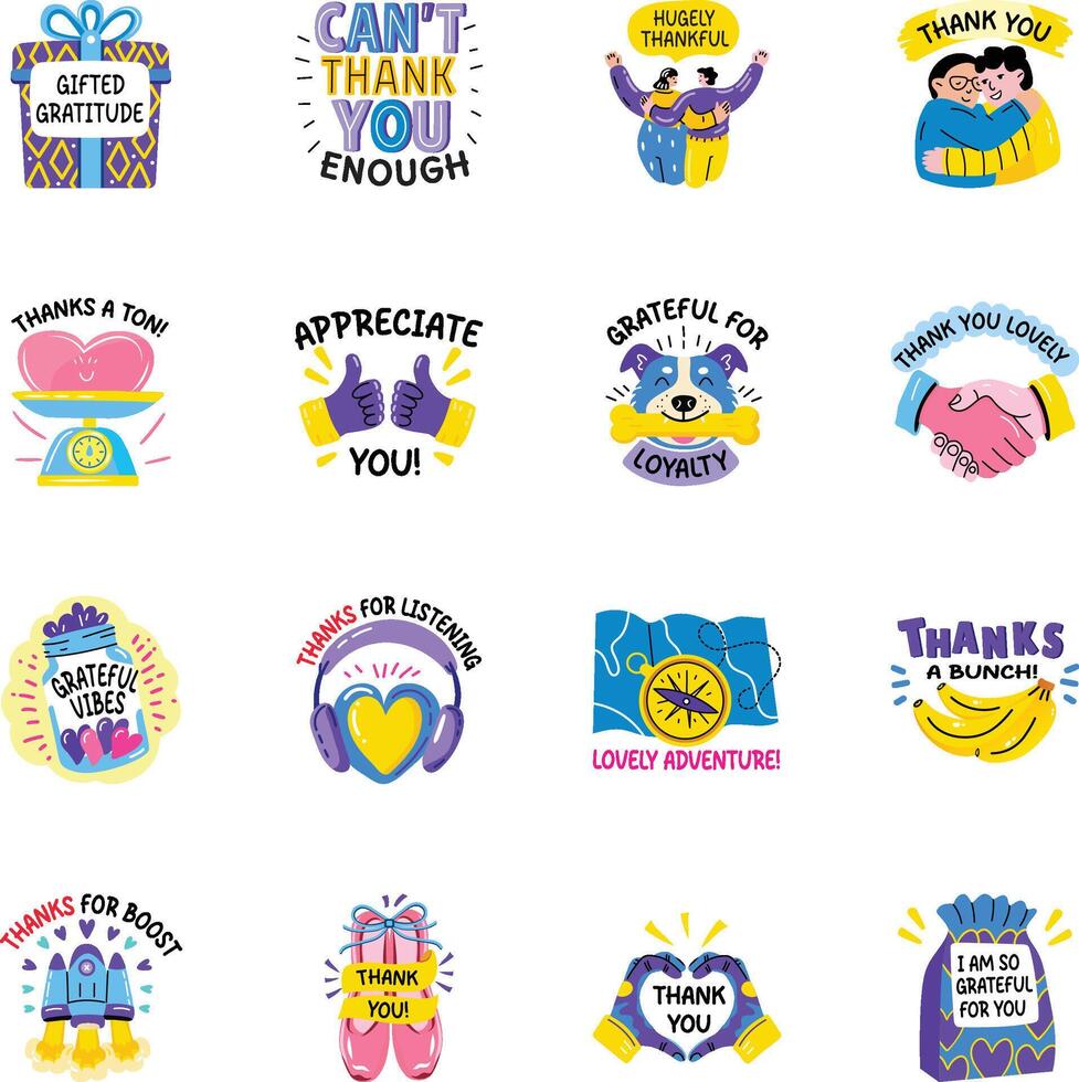 Bundle of Flat Style Thank You Typography Stickers vector