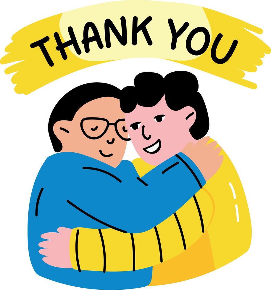 A flat sticker of two character hugging with thank you typography vector