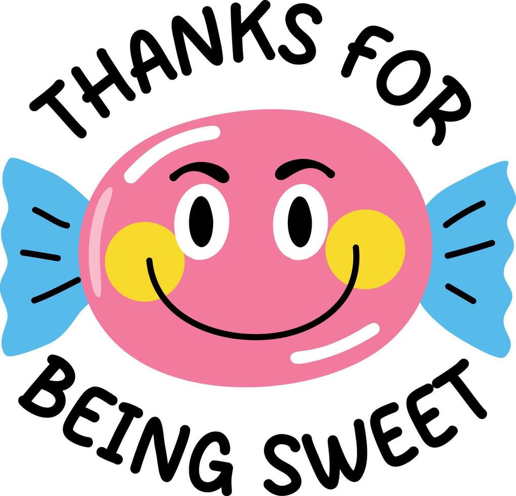 A flat sticker of a toffee with thanks for being sweet typography vector