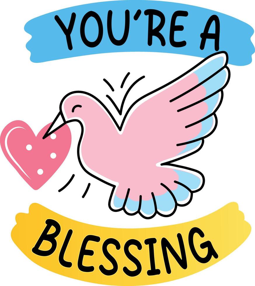 A flat sticker of flying bird with you are blessing typography vector