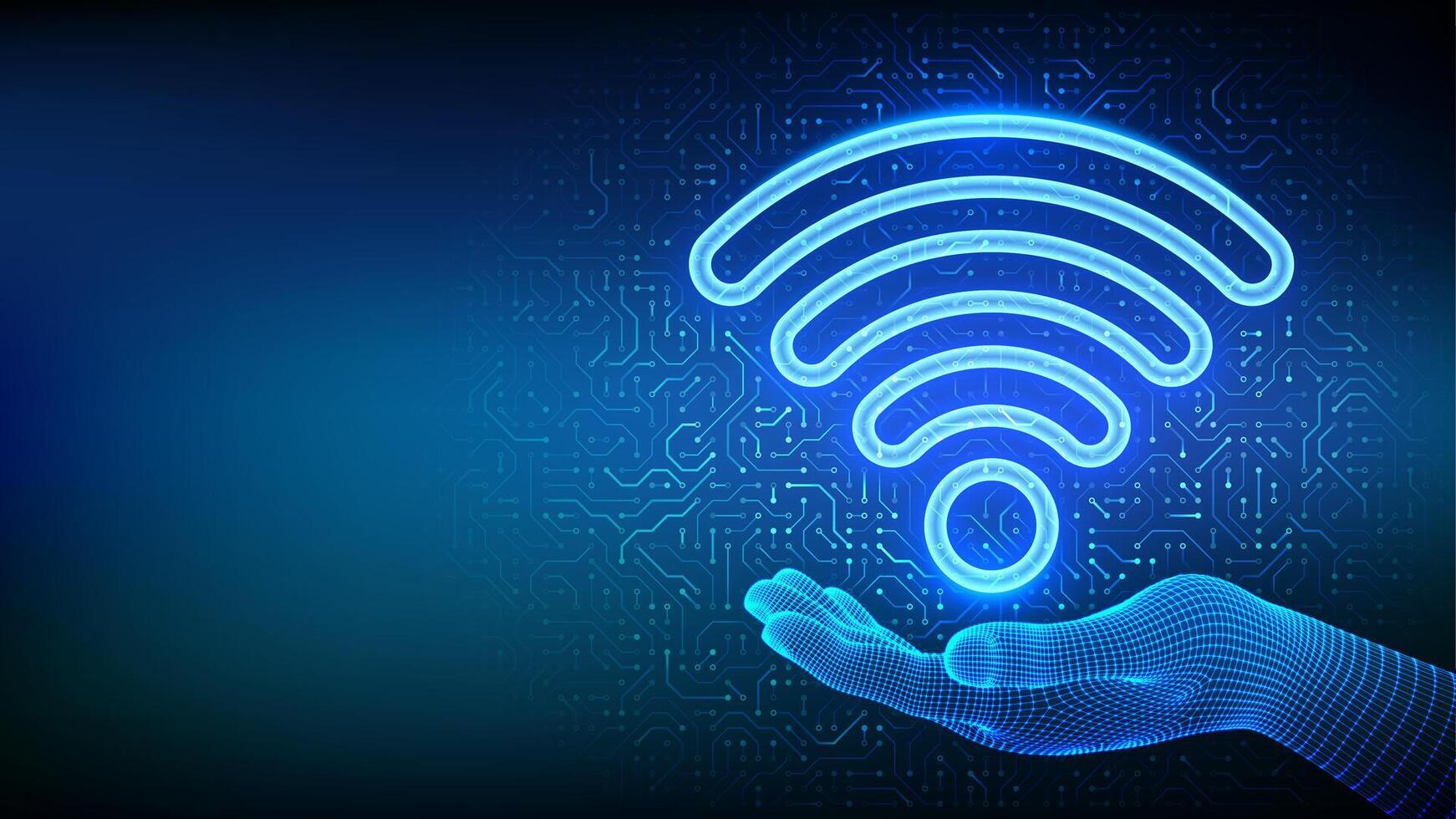 Wi-Fi network. Wi Fi icon in hand. Wlan access, wireless hotspot signal symbol. Mobile connection zone. Router transmission. Circuit board pattern. PCB printed circuit texture vector