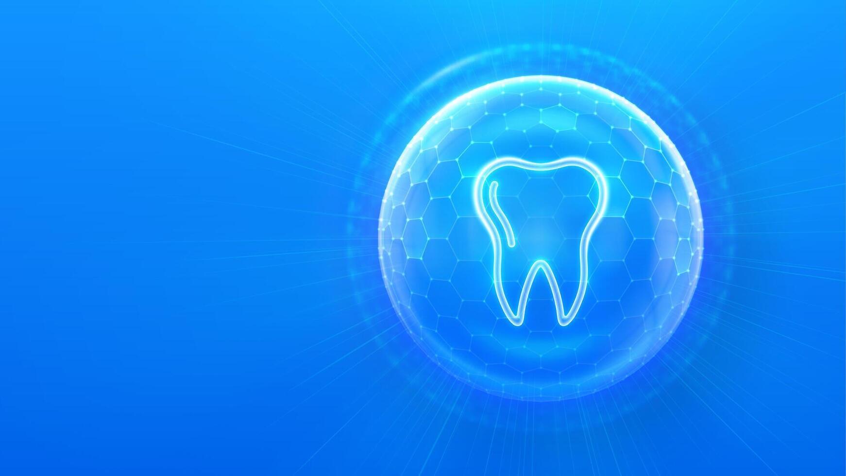 Dental protection. Dental care. Dentistry. Teeth care. Dental insurance and servises. Tooth icon inside protection sphere dome shield with hexagon pattern on blue background. illustration. vector