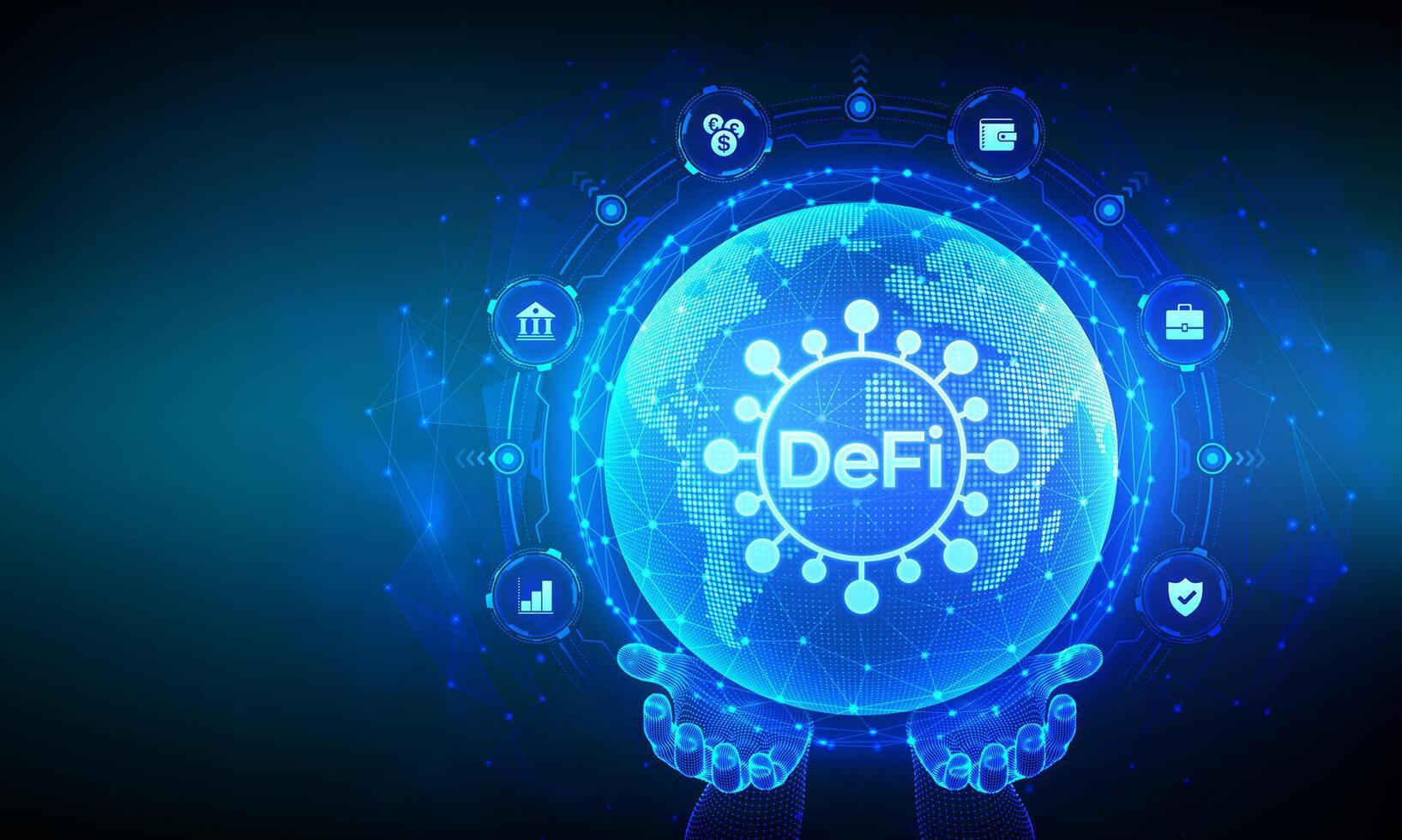 DeFi. Decentralized Finance. Blockchain, decentralized financial system. Business technology concept. World map point and line composition. Earth planet globe in wireframe hands. illustration. vector
