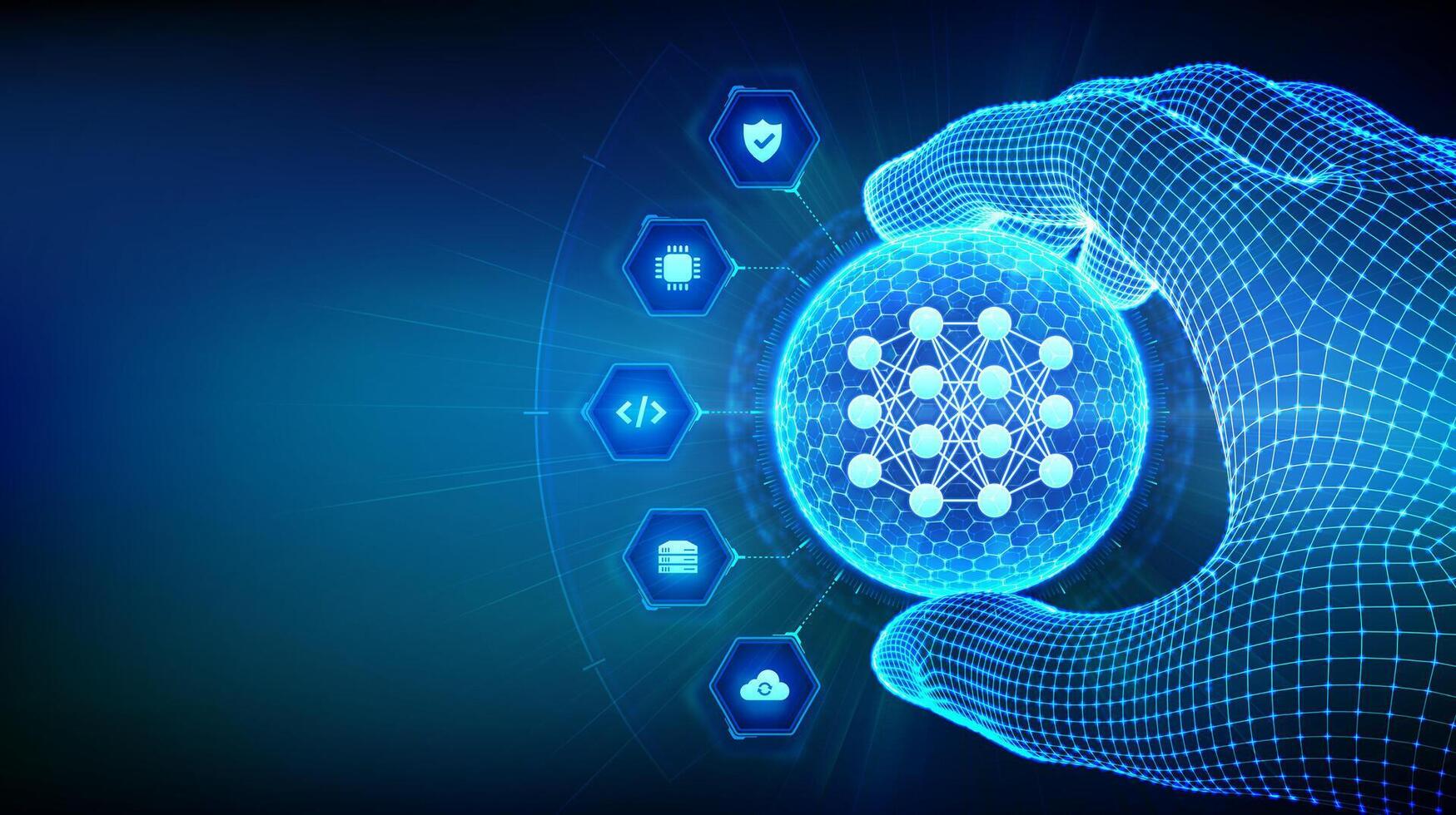 Neural network technology concept in the shape of sphere with hexagon pattern in wireframe hand. AI. Artificial Intelligence. Machine Learning. Deep learning. Big data analysis. illustration. vector