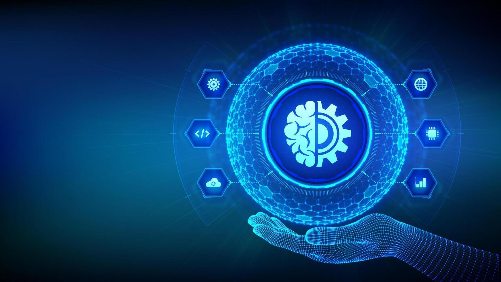 máquina aprendiendo. ai artificial inteligencia. datos minería, grande datos, algoritmo, neural red. 3d esfera con superficie de hexágonos con máquina aprendizaje icono en estructura metálica mano. vector