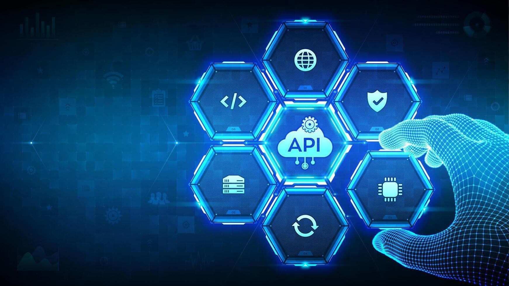 API. Application Programming Interface. Software development tool, cloud computing technology concept. Wireframe hand places an element into a composition visualizing API. illustration. vector