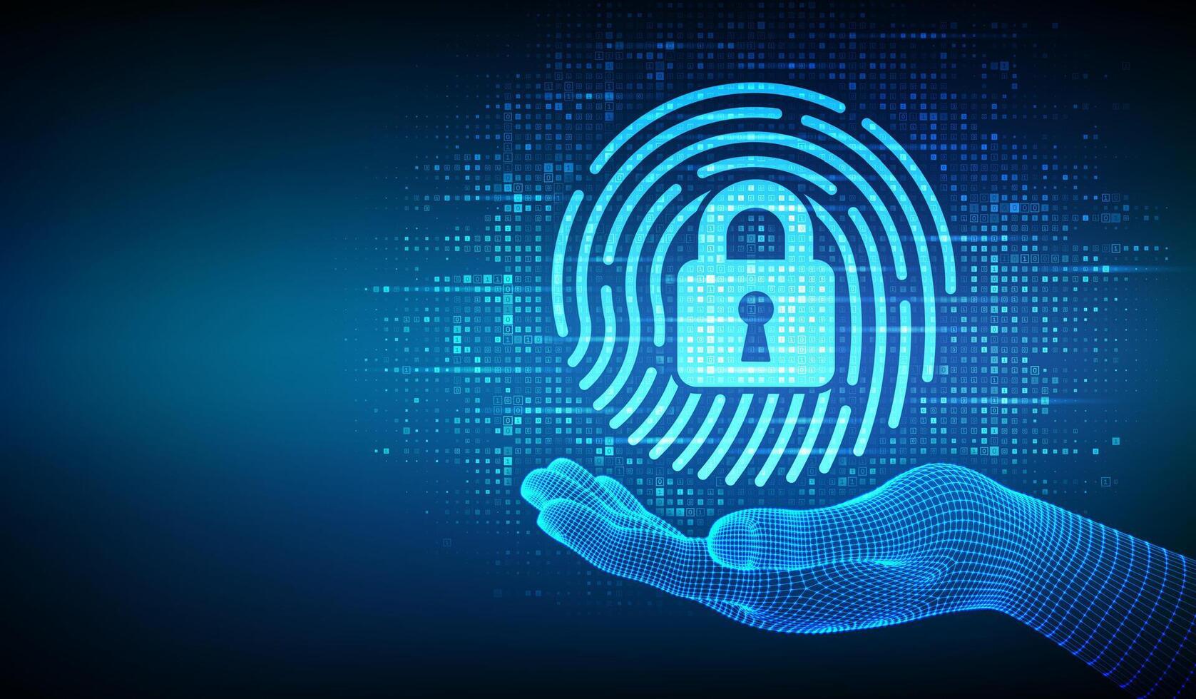 Fingerprint with padlock icon made with binary code in wireframe hand. Personal Data protection. Cyber Security. Biometrics identification. Digital background with digits. vector