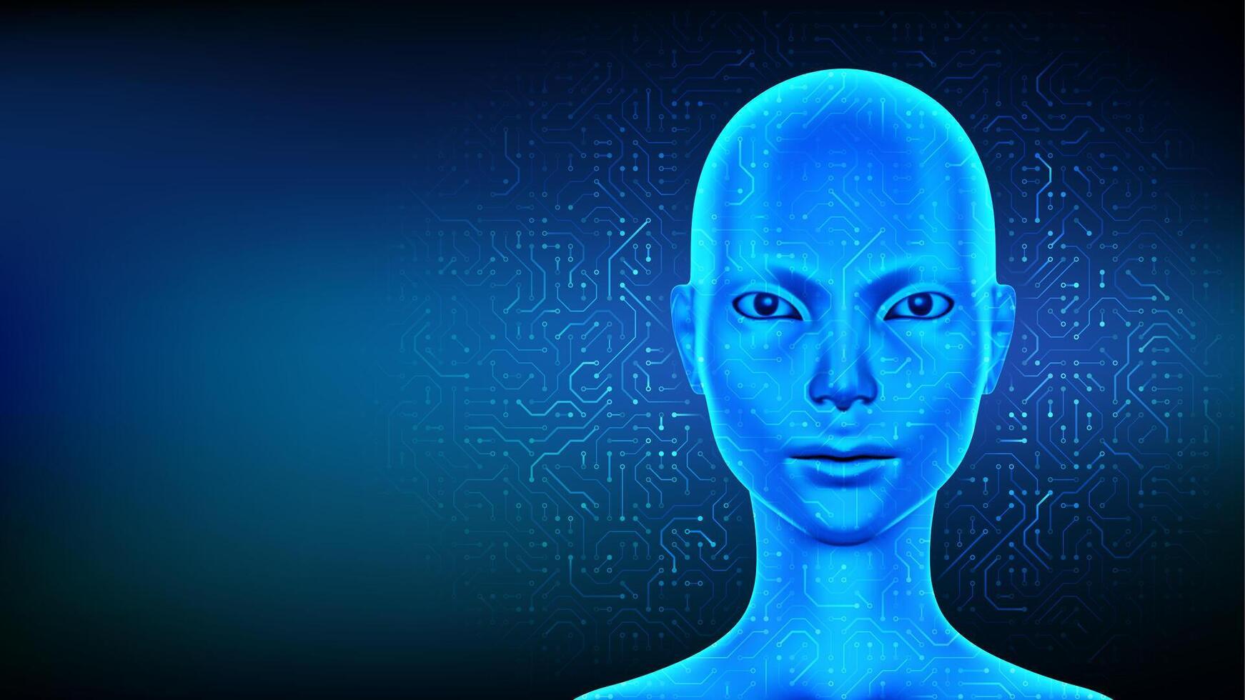 AI. Artificial intelligence assistant concept. Smart assistant. Cyborg woman head. Female robot. Female electronic face. Face of cyber mind. Neural network. Circuit board pattern background. . vector