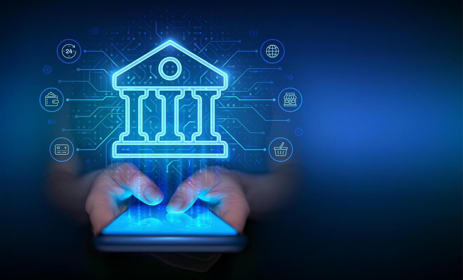 Banking service. Using a online banking application on smartphone. Finance and banking global internet connection. Financial transaction. API Fintech. Circuit board background. illustration. vector