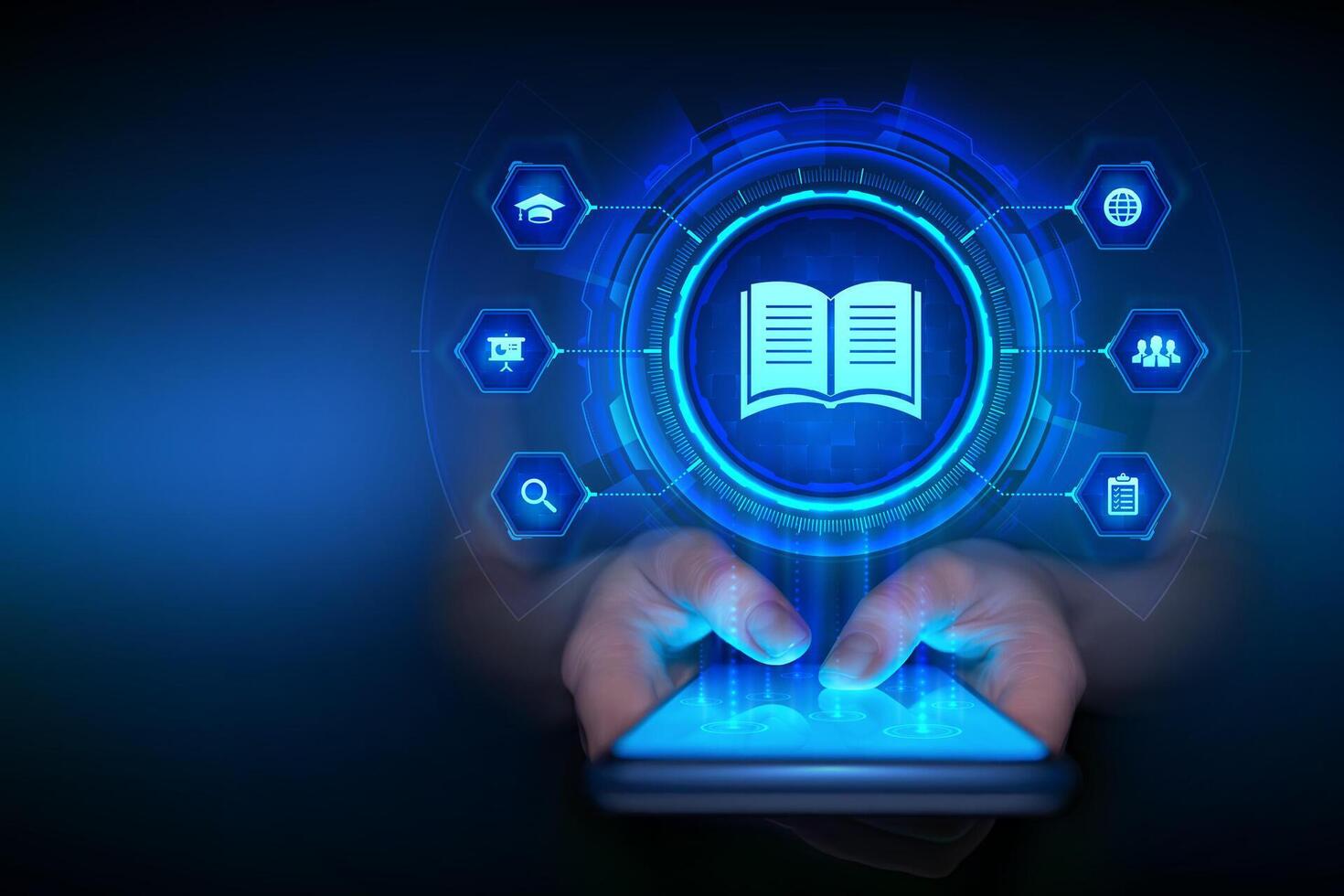 E-learning. Innovative online education and internet technology concept. Webinar, teaching, online training courses. Skill development. Smartphone in hands. Using smartphone. vector