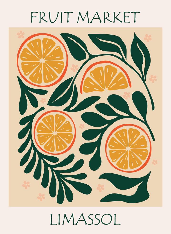 Abstract Fruit Market Limassol retro poster. Trendy contemporary wall art with orange citrus fruit design. Modern naive groovy interior decoration vector