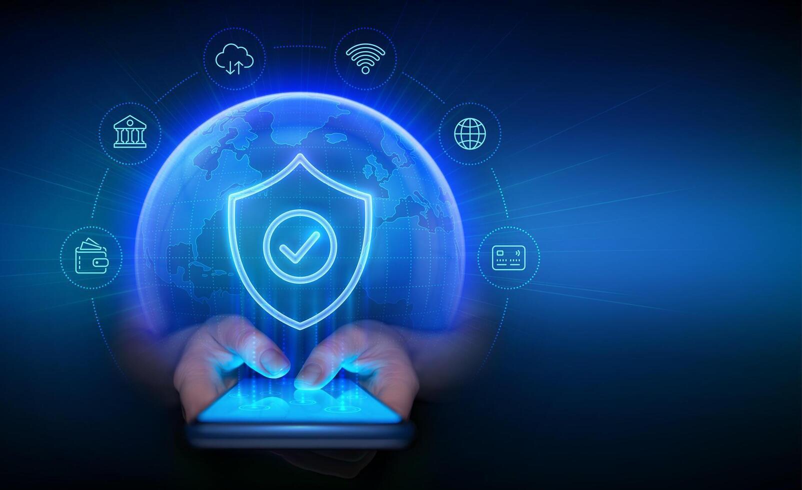 Cyber security and protection smartphone. Protection shield with Check mark icon. Secure internet connection, vpn, encryption. Personal data protection. Earth planet globe. Smartphone in hands. vector