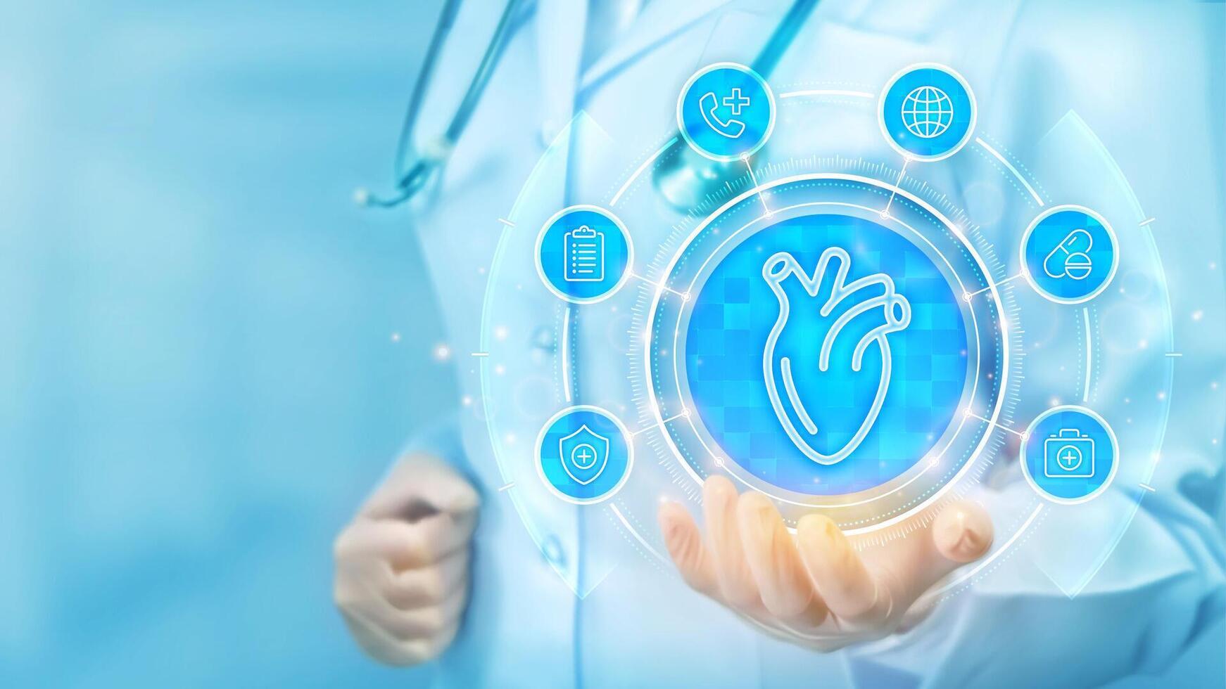 Cardiology concept. Diagnostics Treatment of heart disease, myocardial infarction. Doctor holding in hand human heart icon and medical icons network connection on virtual screen. illustration. vector