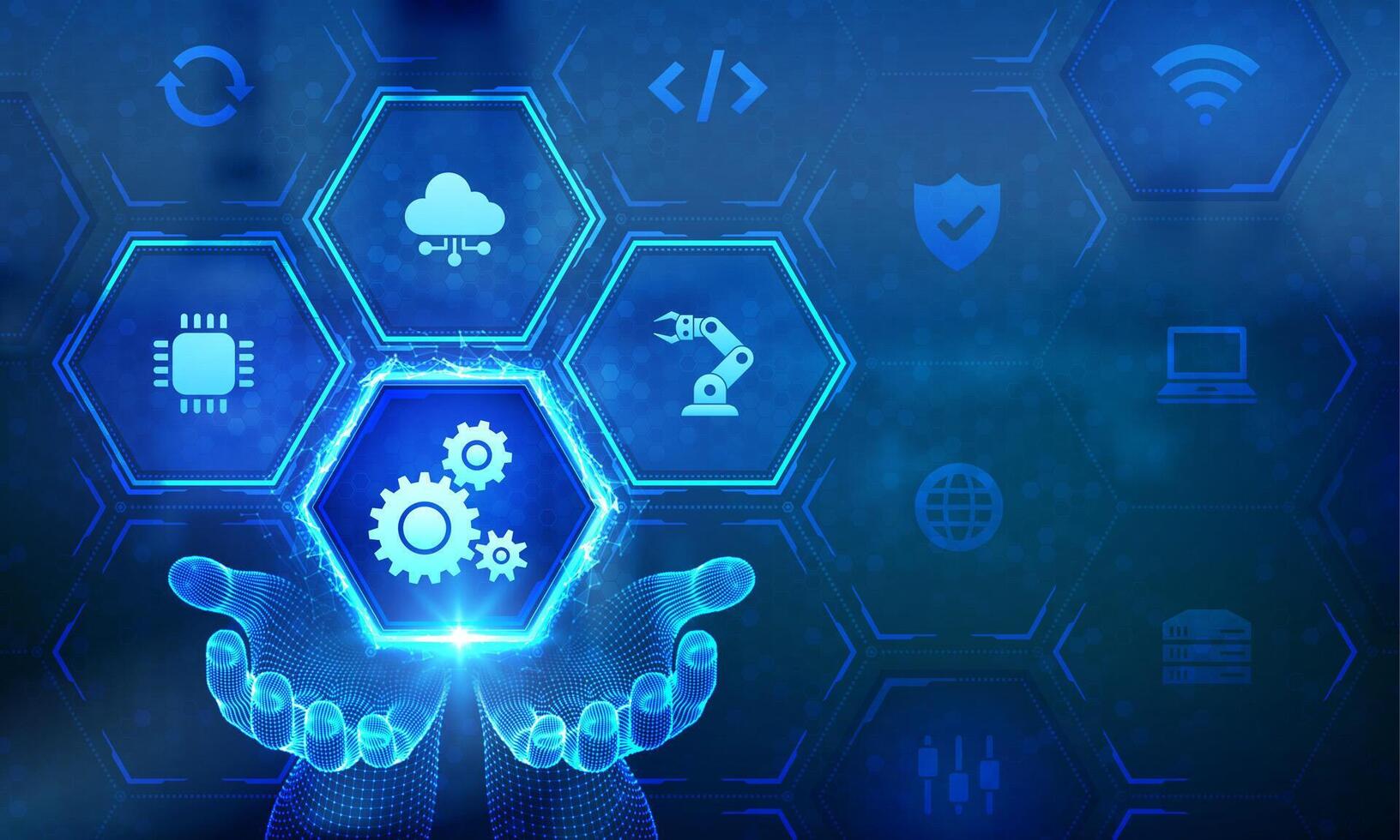 Automation Software icon in wireframe hands. IOT and Automation concept as an innovation, improving productivity in technology and business processes. Industrial smart technology. illustration. vector