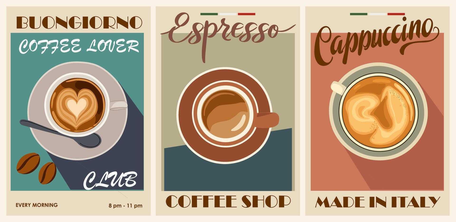 Set of retro style coffee posters with different type of coffee, espresso, americano, cappuccino. Coffee lover club, coffee shop sign template vector