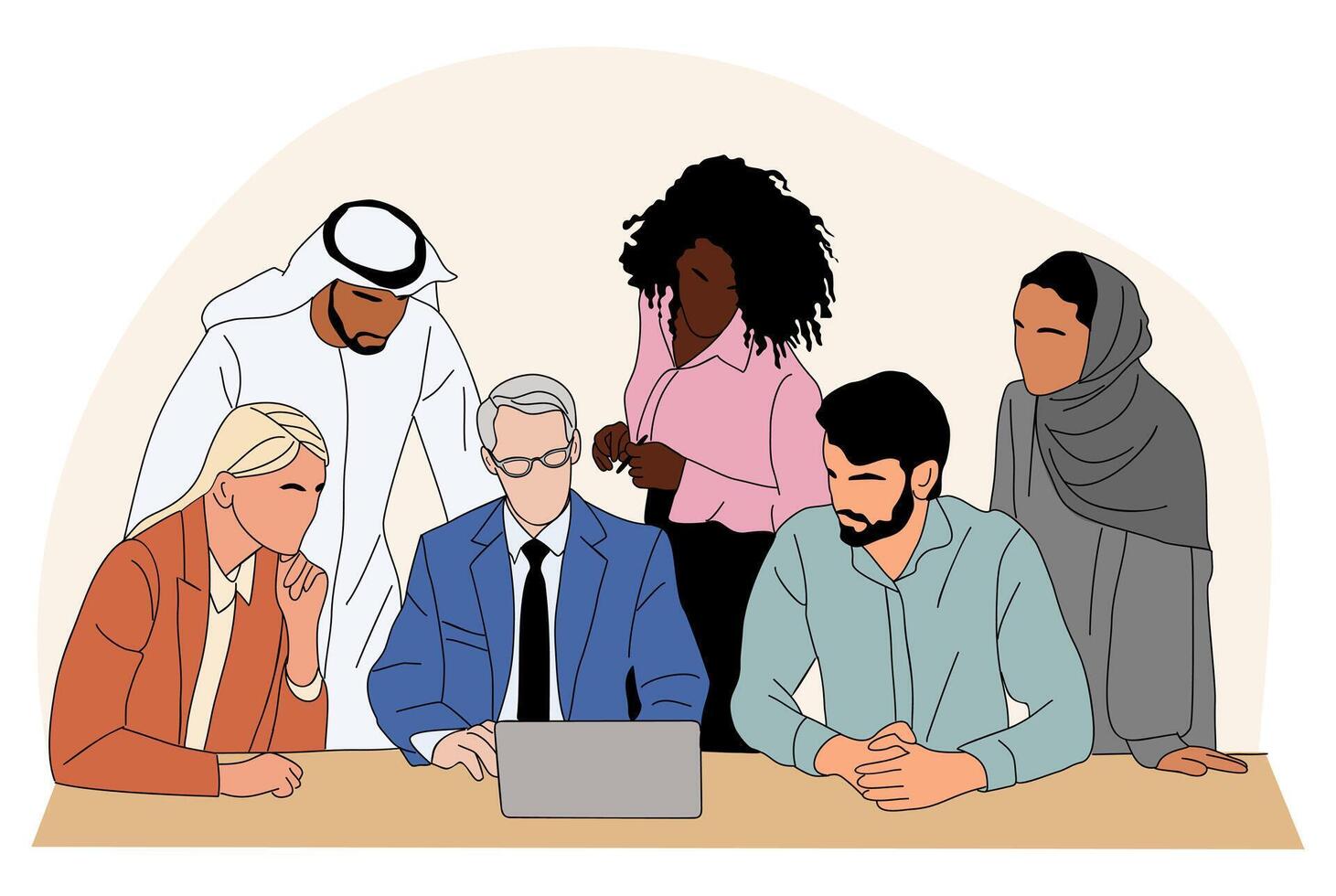 Diverse group of business people sitting around a table with laptop open. They are all looking at the screen and working together. Scene is collaborative and focused vector