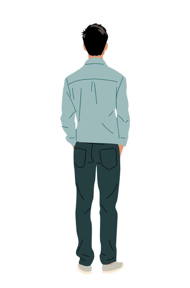 Young man in casual clothes standing rear view. Handsome guy in blue shirt and jeans turned back. vector