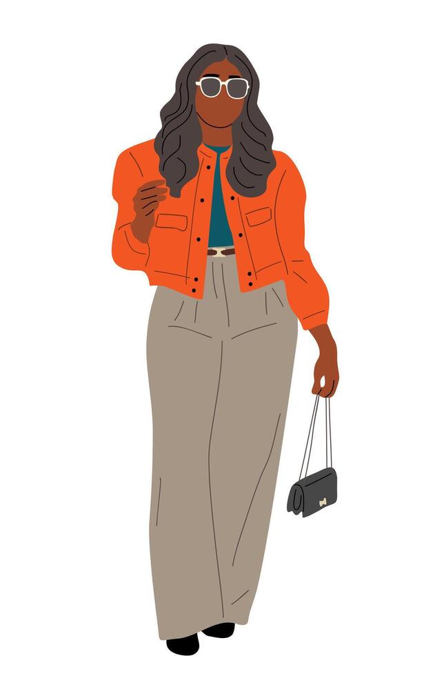 A woman in a bright orange jacket and tan pants is walking down the street. She is holding a black purse and wearing sunglasses. The image has a bright and cheerful mood, with the womans outfit vector
