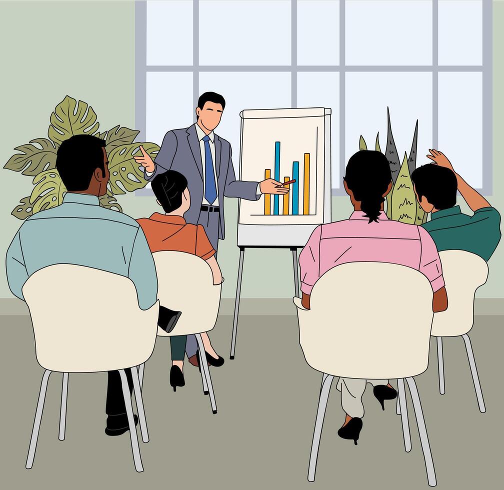 A man is giving a presentation to a group of people in a conference room. The people are sitting in chairs and listening to the presentation vector