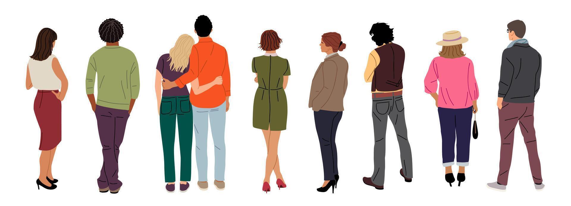 Different people standing rear view. Men, women in casual clothes turned back colorful illustrations isolated on white background vector