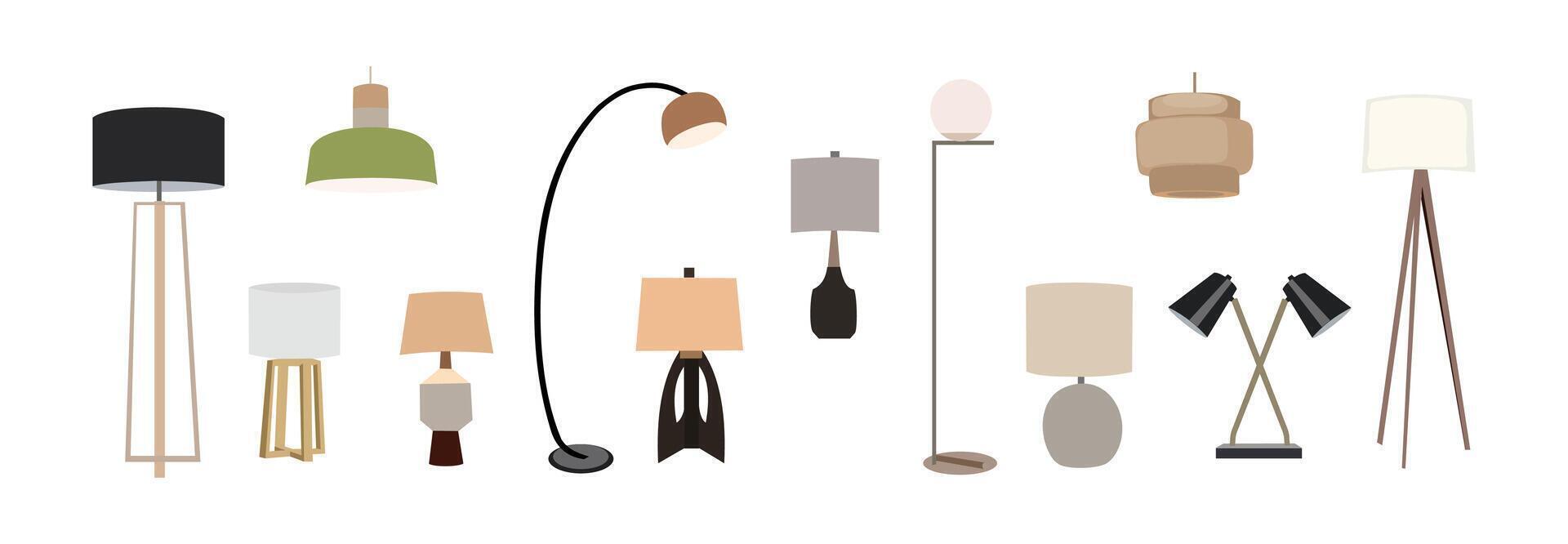 Collection of different lamps, floor, table lamps isolated on white background vector