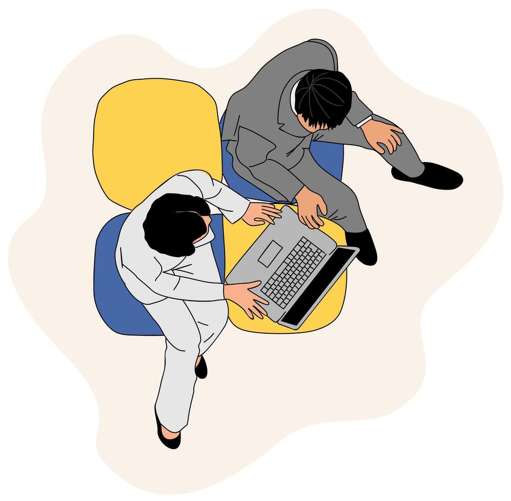 Business man and woman in formal suits sitting in lounge zone with laptop. Business meeting Top view vector