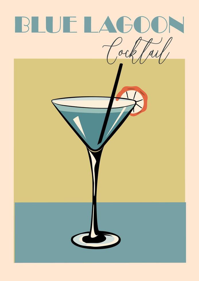 Blue Lagoon Cocktail retro style poster with glass filled of blue liquid garnished with orange wheel vector