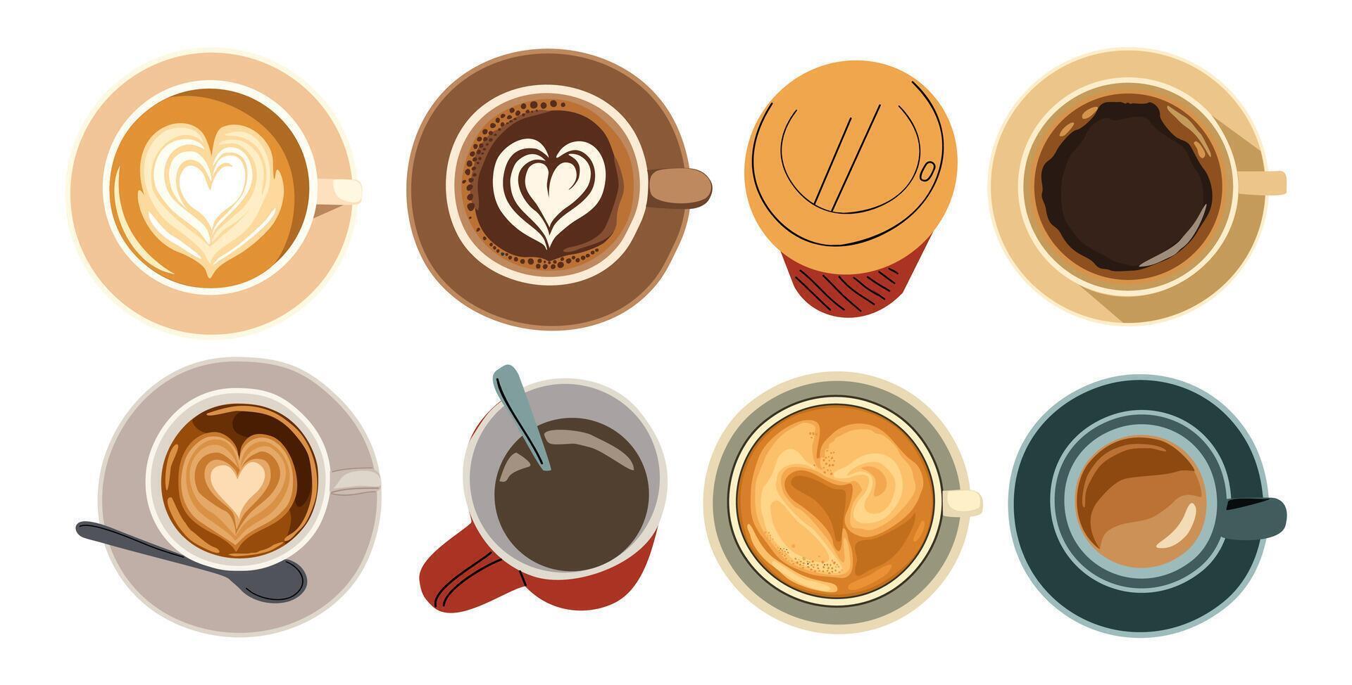 Set of different coffee cups top view, espresso, cappuccino, latte with milk foam in heart shape, disposable paper takeaway coffee cup with lid, americano in mug vector