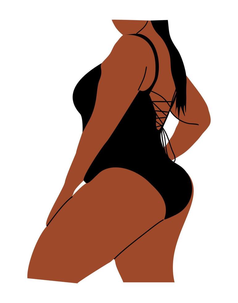 African american curvy woman wearing black swimsuit. Body positivity concept. vector