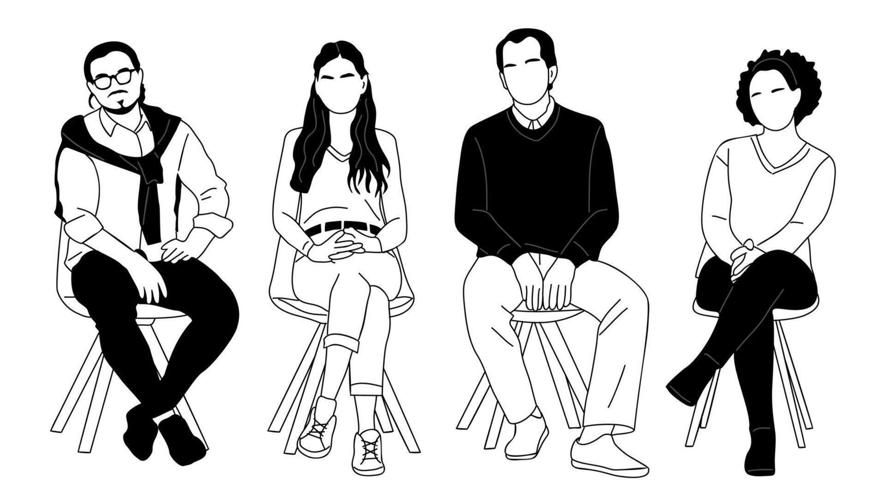 Set of business people, men and women sitting on office chairs, taking put in meeting. Hand drawn sketch vector