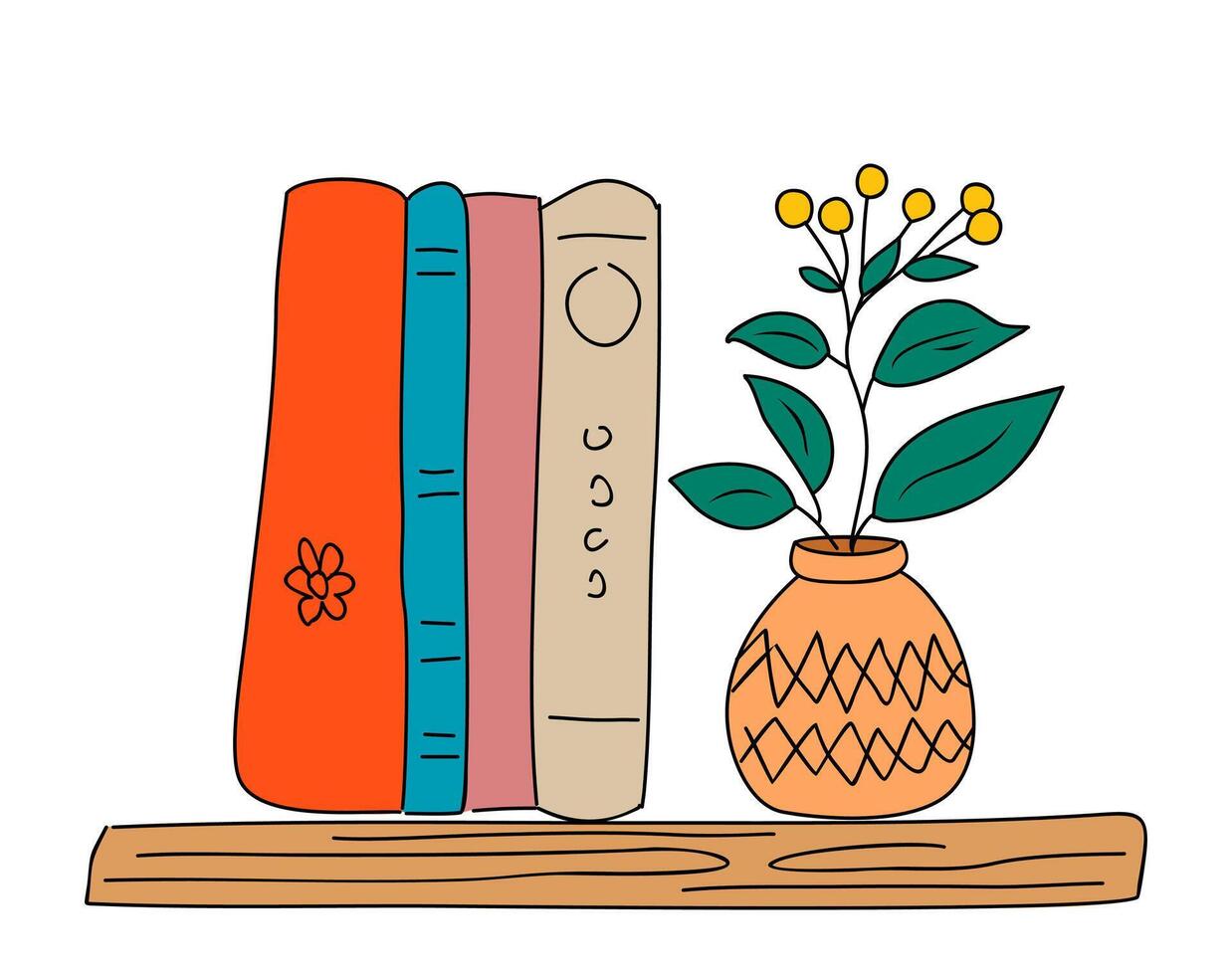 Books on shelf with wild flowers in vase. Fiction, classic, science literature on bookshelf. Home library vector