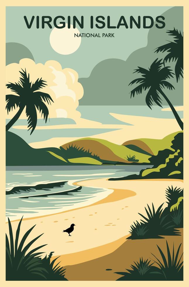 Virgin Islands National park USA travel poster in retro minimalist style. Beautiful american lanscape with sea beach, mountains and palm trees vector