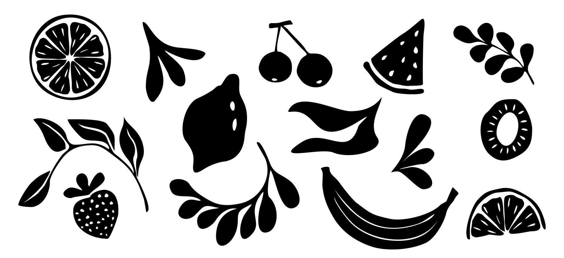 Set of abstract fruit silhouettes. Lemon, orange, strawberry, watermelon, cherry, banana kiwi fruits black icons, symbols. vector