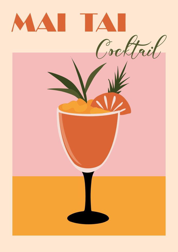 Mai Tai cocktail retro style poster with exotic red pink alcohol drink in glass garnished with orange wheel and green leaves. vector