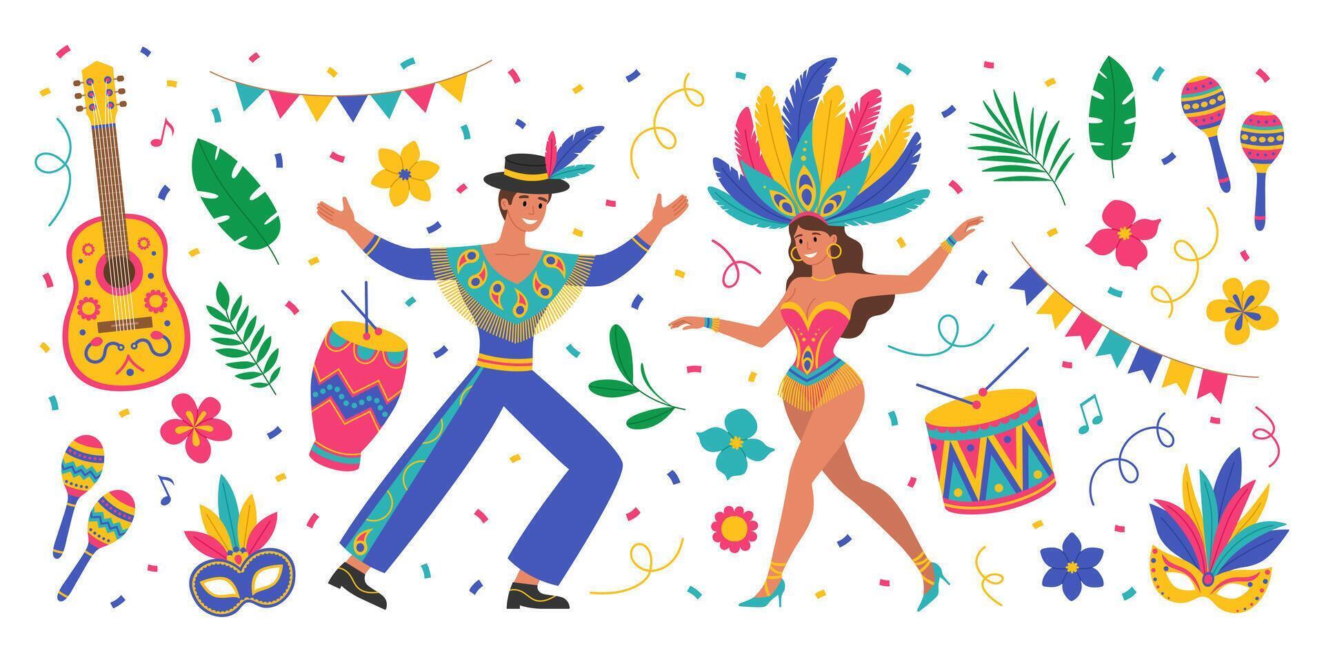 Brazil Carnival set with man and woman in costumes with feathers, guitar, maracas, drums, masks, flowers, leaves, garlands and confetti. Music festival. Flat illustration for banner, poster vector