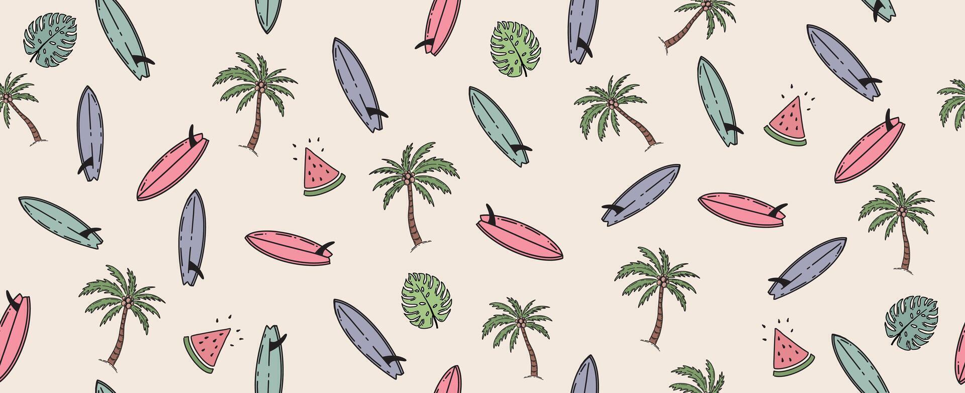 Summer pattern with wave, tree, surfboard, hand drawn illustration. vector