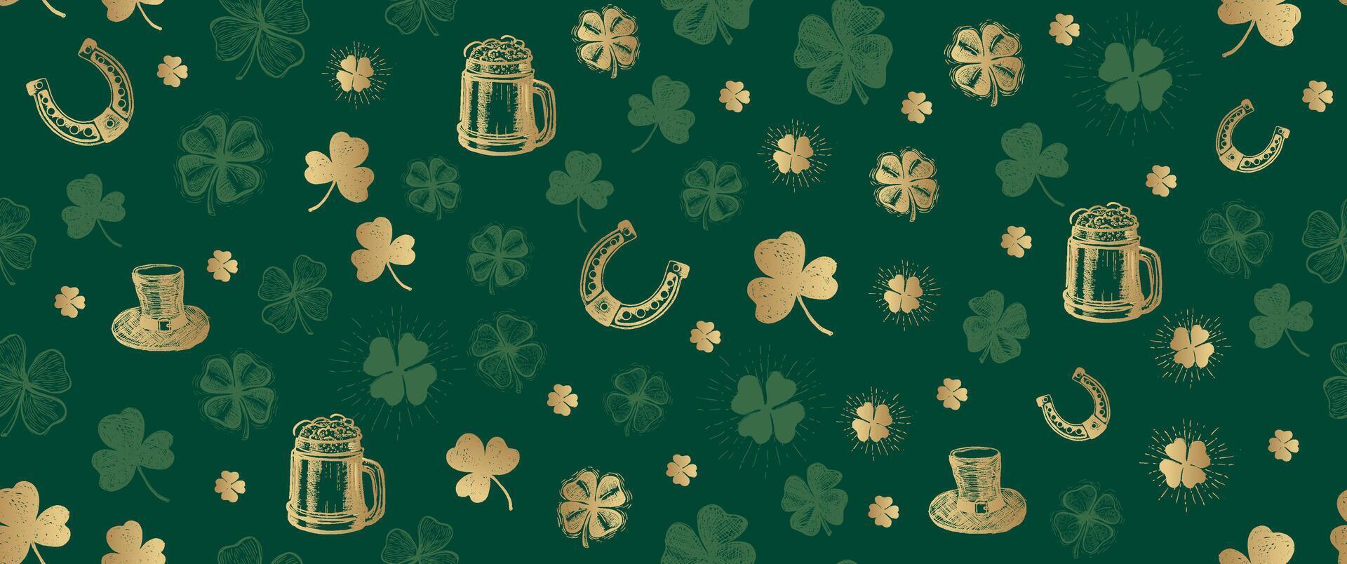 Patricks Day, gold clover and beer pattern on green. Hand drawn illustrations vector