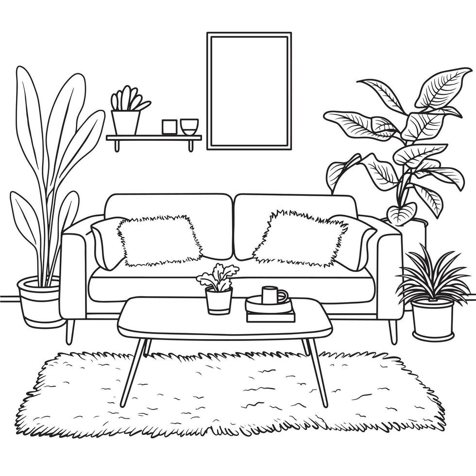 coloring book for adults. living room interior in Scandinavian style. black and white illustration in sketch style. vector