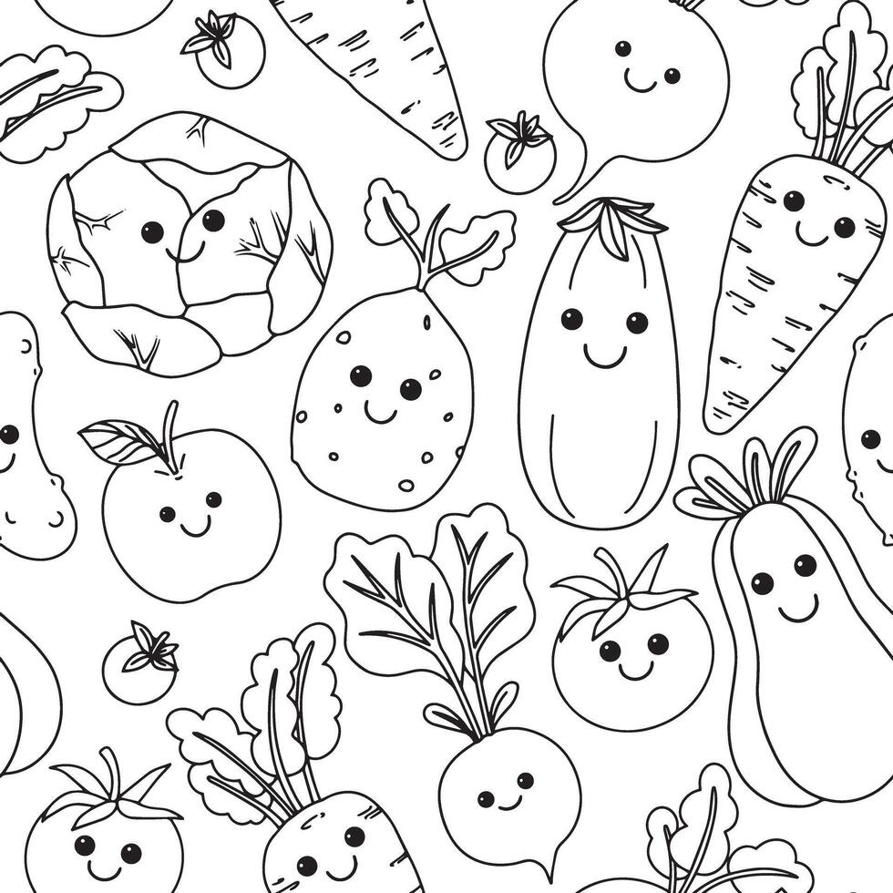 seamless pattern of cute kawaii vegetables. illustration in doodle style vector