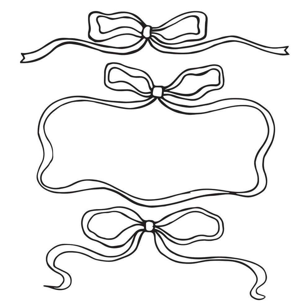 illustration, set of ribbon frames with bow. black and white drawing doodle style vector